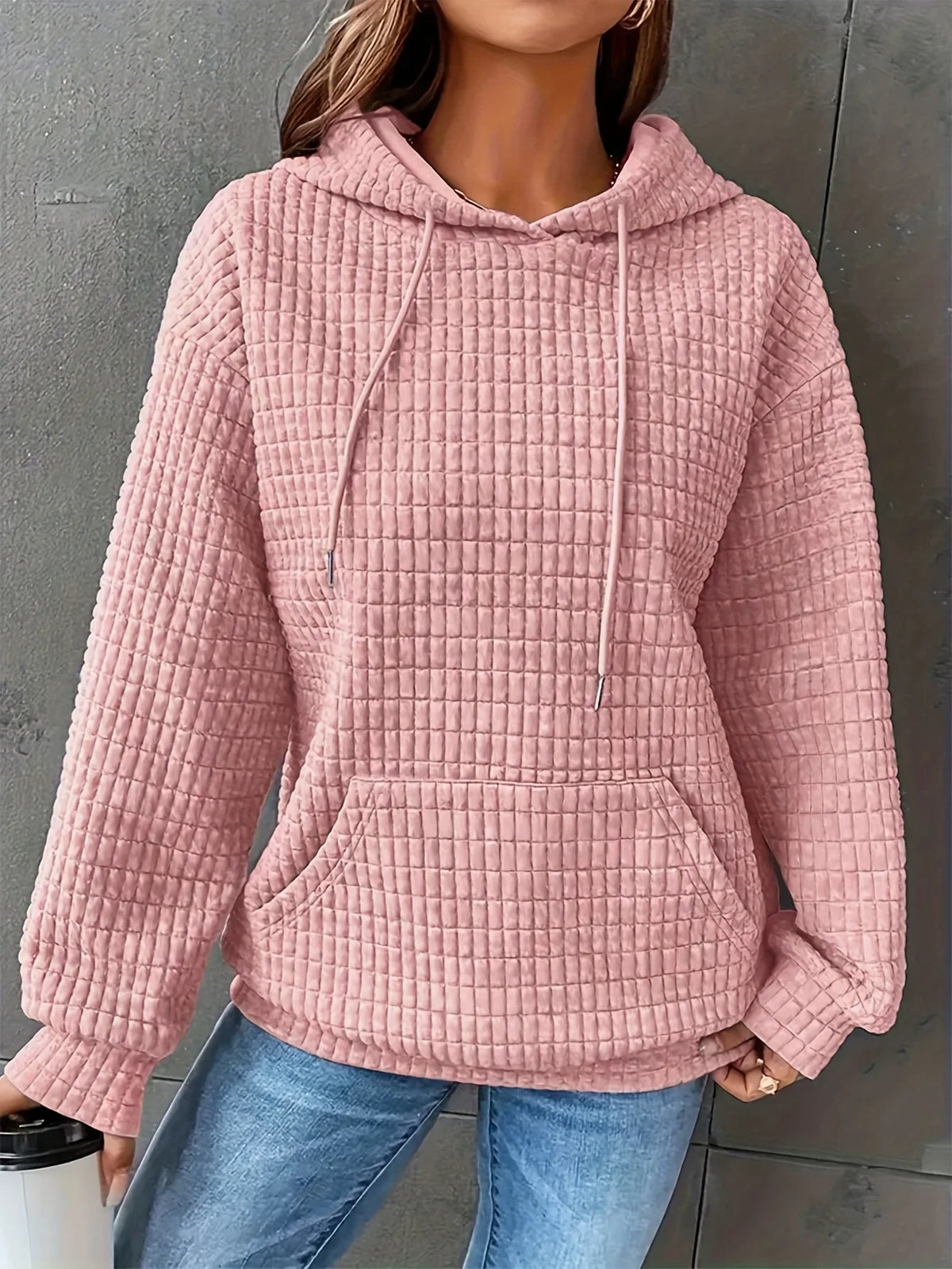Women Short Length Waffle Knit Hoodie Solid Black Drawstring Pullover Sweatshirt Front Kangaroo Pocket Long Sleeve Casual Tops