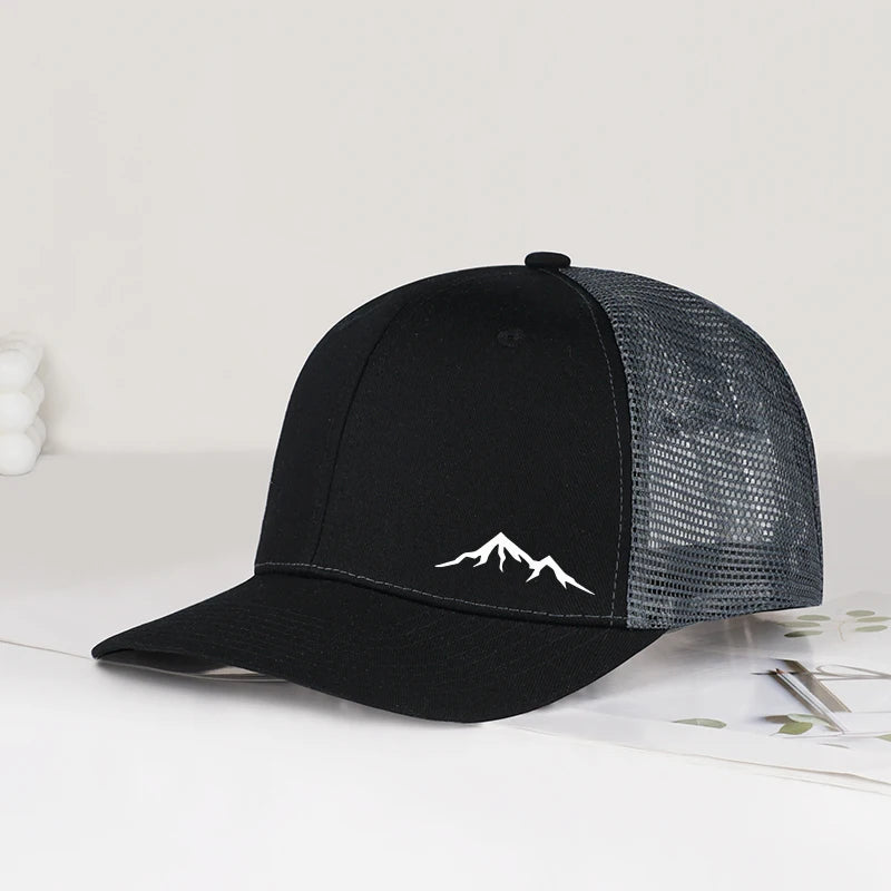 Minimalist Mountain Print Trucker Cap – Adjustable Unisex Camping and Travel Mesh Sun Hat for Hiking and Trekking