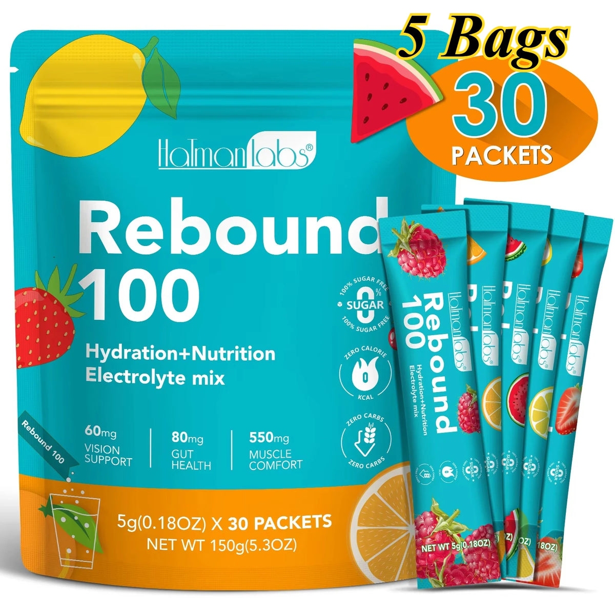 HolmanLabs Rebound 100 Electrolyte Supplement Powder Sugar Free Hydration Gut Vision Muscle Health Vitamins C B6 B12 30 Packets