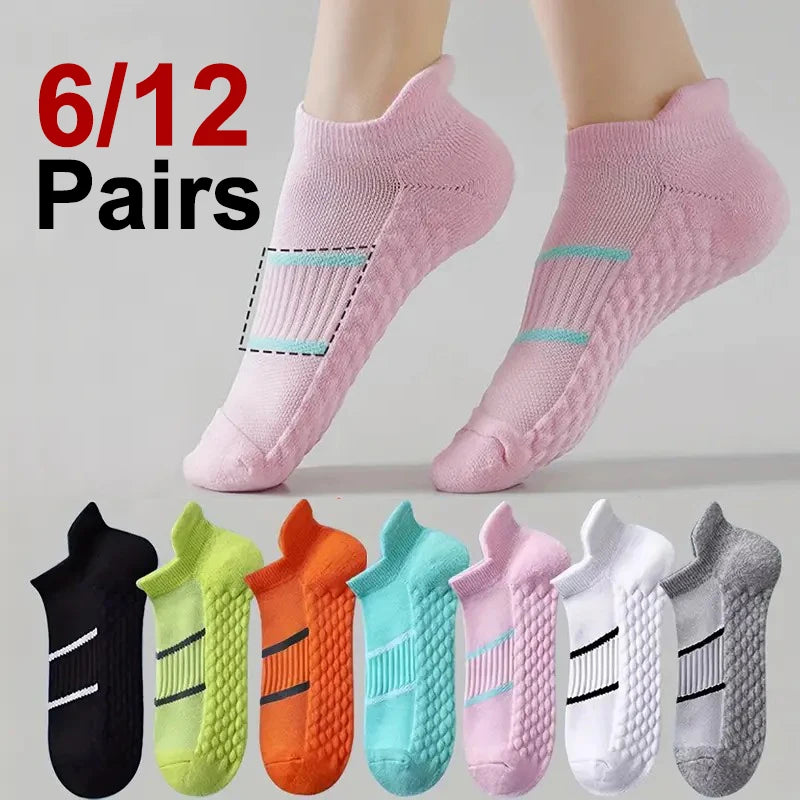 6/12 Pairs Women Striped Sports Ankle Socks Sweat Absorbing Breathable Soft Comfortable Arch Support Running Leisure Socks