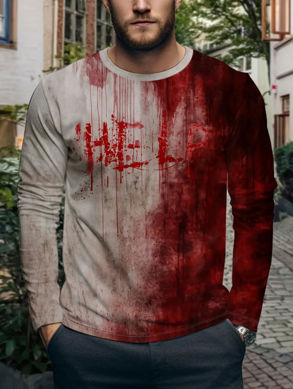 Problem Solved Bloody 3D Printed Men's T-Shirts Fashion for Men Horror Halloween Long Sleeve Tops O-Neck T-Shirt Mens Clothing