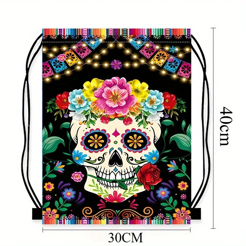 Drawstring Backpack Unique Skull Flower Pattern Lightweight Portable Storage Bag for Halloween Festival Party Travel Daily Use