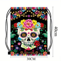 Drawstring Backpack Unique Skull Flower Pattern Lightweight Portable Storage Bag for Halloween Festival Party Travel Daily Use