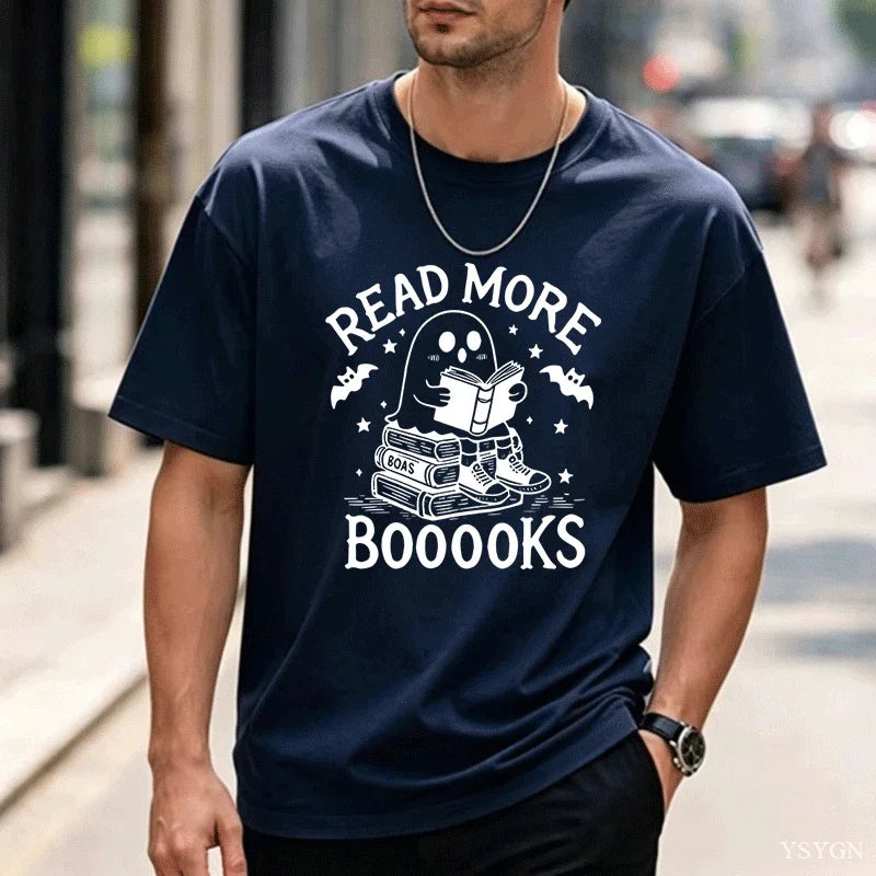 Read More Booooooks Ghost Book Lover T‑Shirt Cute Ghost Reading Book Stack Bat Star Spooky Halloween Bookworm Pun Quote Tops Tee