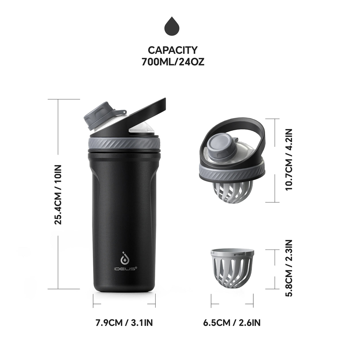 Ideus Protein Shaker Cup 710ml Insulated Stainless Steel Cup Tritan Ball Portable Sports Water Cup, Suitable For Gym