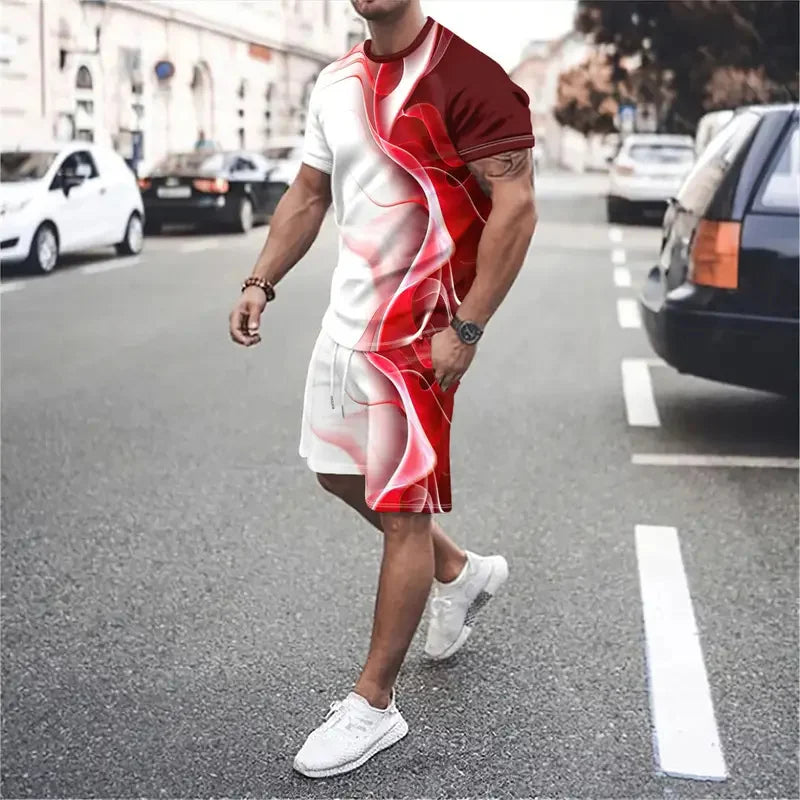 New Gradient Texture T-Shirt Men's Two-Piece Summer New Shorts Suit Fashion 3D Printing Street Casual Sportswear Men's Models