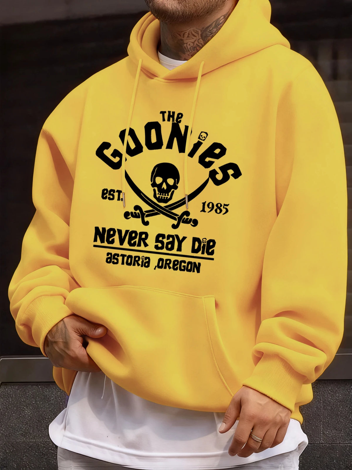Distressed Goonies Never Say Die Mens Sweatshirt Fashion Casual Hoodies Soft Loose Pullovers Fleece Autumn Unisex Clothing