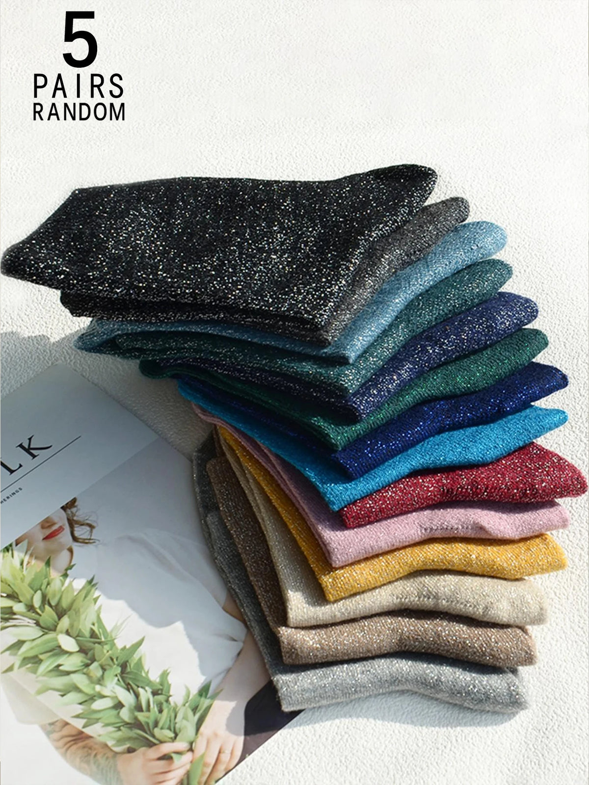 3/5/10/15 Pairs Random Solid Color Glitter Crew Socks ,Random Solid Color Glitter Crew Socks , Comfortable & Versatile for Women