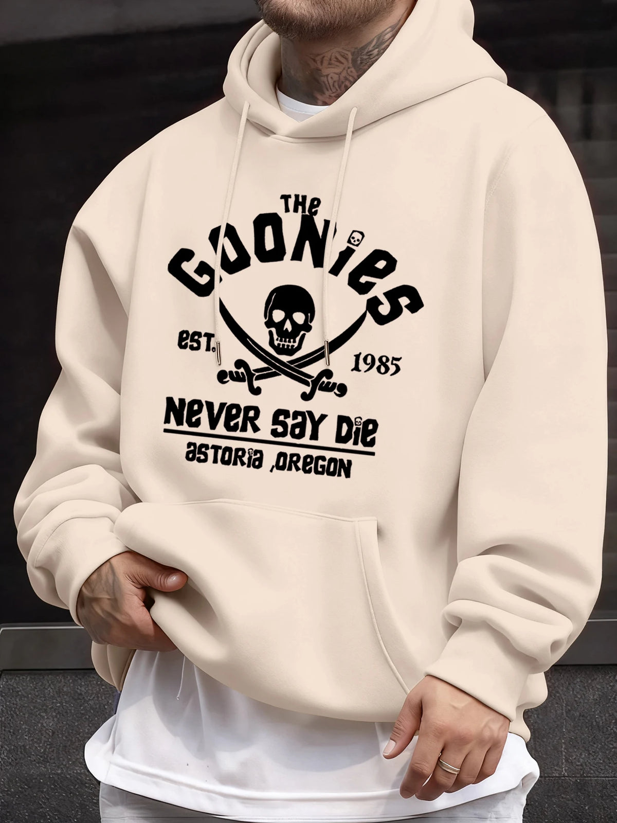 Distressed Goonies Never Say Die Mens Sweatshirt Fashion Casual Hoodies Soft Loose Pullovers Fleece Autumn Unisex Clothing