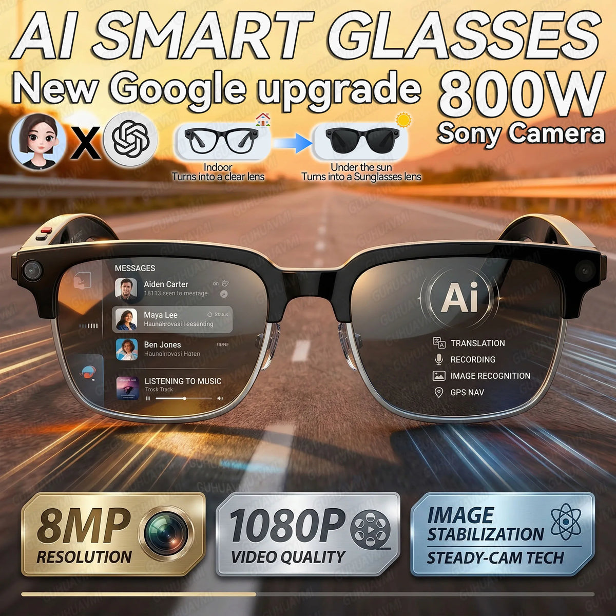 2026New AI Smart Glasses 120+Language Translation 800W Pixel Camera Video Music Player Call Business 8K Color Change Glasses Men