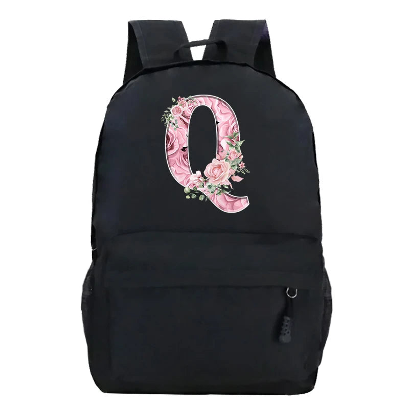Pink Rose Alphabet Backpack Black Casual Women Aesthetics Rucksack Teenage Girl Boy Flower Letter School Bag Student Mochilas