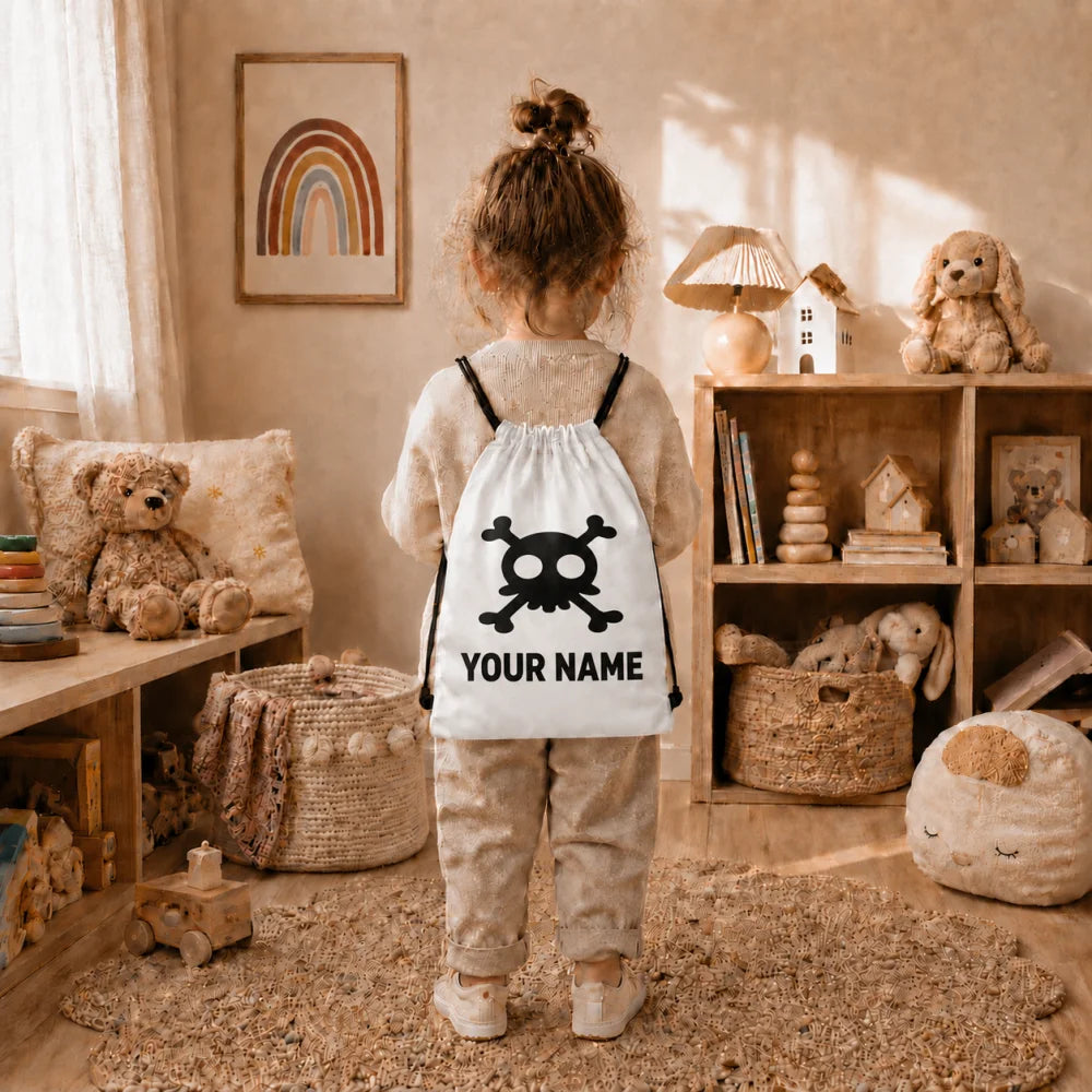 Personalized Skull Crossbones Drawstring Backpack Custom Name Kids Halloween Candy Bag Halloween Party Storage Gift Bag
