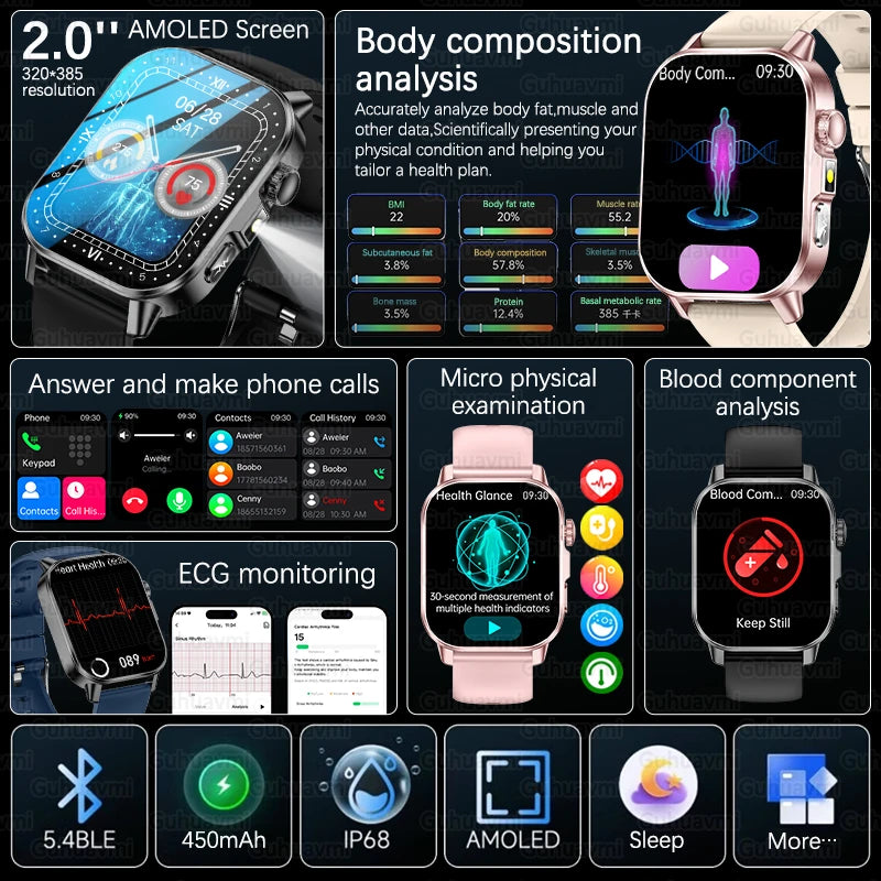 2026 New ECG+PPG Smart Healthy Diagnosis Surveillance Body Analysis Blood Pressure Lipid Uric Acid Health Smart Watches For Men