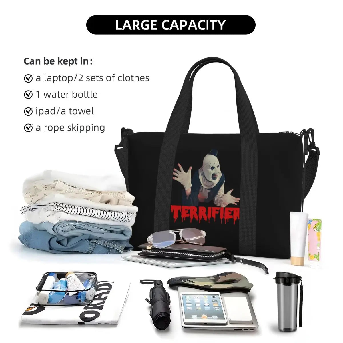 Halloween Movie T-Terrifier-S Horror Clown Beach Travel Bag Large Capacity Tote Bags for Yoga Women Shopping Duffle Shoulder Bag