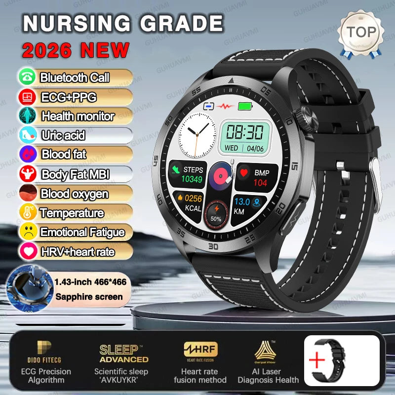 2026 New ECG+PPG Smart Watch Men Treatment Blood Pressure Uric acid Lipids Smartwatch Bluetooth Call Body analysis Health Clock
