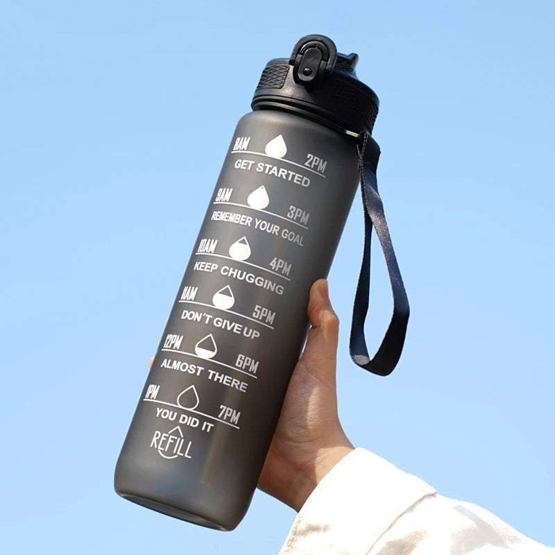 1L Water Bottle 12 Colors Leak Proof with Time Mark Drink and Straw Motivational Drinking Sports Water Bottle for Outdoor Hiking