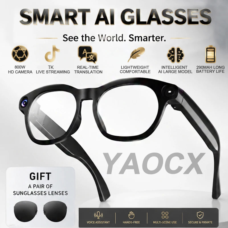 2026 Smart Glasses 800W Camera Audio&Video 1080P Online Translation Call Voice Assistant Intelligent Q&A 290mAh Smart Glasses