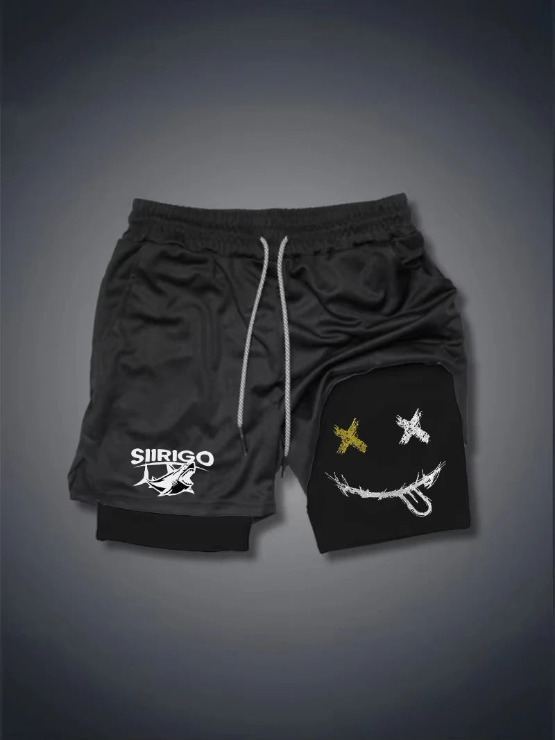 2024 Men's Smiling Face Printed Fitness Shorts Double-Layer 2-in-1 Quick Drying Fitness Outdoor Leisure Training Sports Shorts