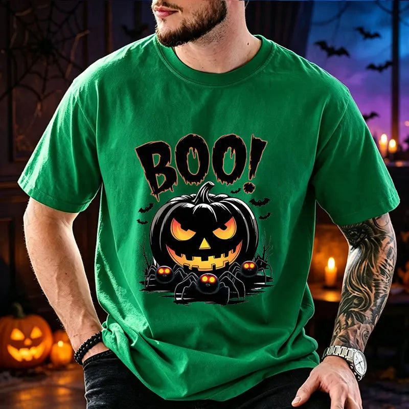 Men Halloween Boo Pumpkin Print T‑Shirt O‑Neck Casual Tee Spooky Spider Bat Graphic Tops Holiday Party Streetwear Men Clothing
