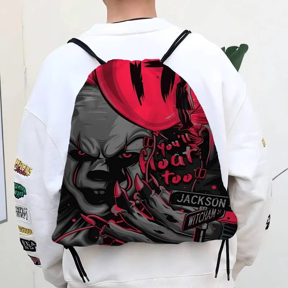 Horror Film I-It P-Pennywise Clown Drawstring Bags Sports Backpack Gym Sackpack Water Resistant String Bag For Cycling