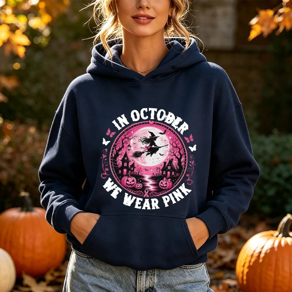 In October We Wear Pink Print Hoodie Halloween Witch Graphic Pullover Pink Ribbon Survivor Support Long Sleeve Blouse Hoodies