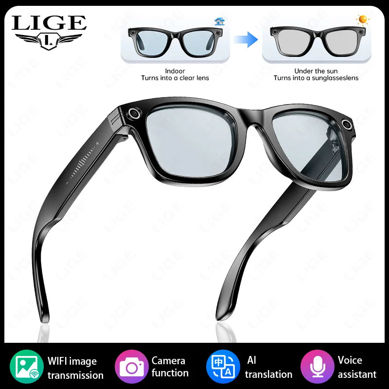 LIGE AI Smart Glasses with Camera Music Video Bluetooth Call Glasses Man 270mAh Voice Assistant Music Sunglasses for Android iOS
