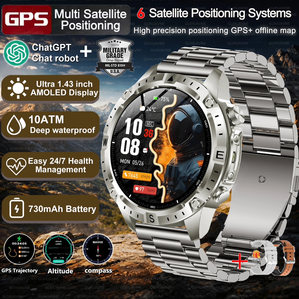 2026New Tank Grade Built in GPS SmartWatch Offline Map 10ATM Swim 2GB Music Compass Bluetooth Call Fitness Sports Smartwatch Men
