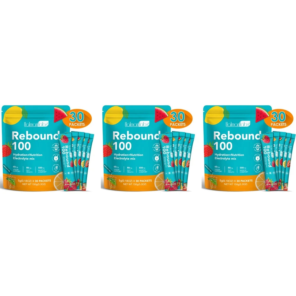 HalmanLabs Rebound 100 Electrolyte Mix Powder Packets Vitamins C B6 B12 Lutein For Hydration Gut Vision Muscle Adult 30 Count