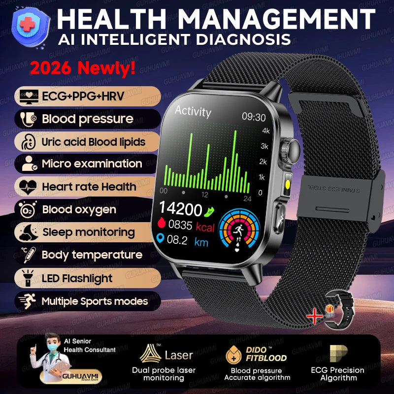 2026 New Micro Physical Examination Health Smartwatch Blood Pressure Uric Acid Blood Lipids Flashlight Care Smartwatch for Women