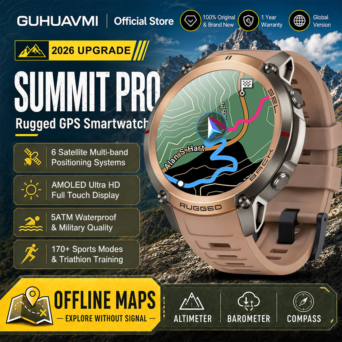 2026 New Google Maps Smart Watch GPS Route Tracking Offline Map Compass Fitness Tracker BT Call Rugged Outdoor HD Smartwatch Men
