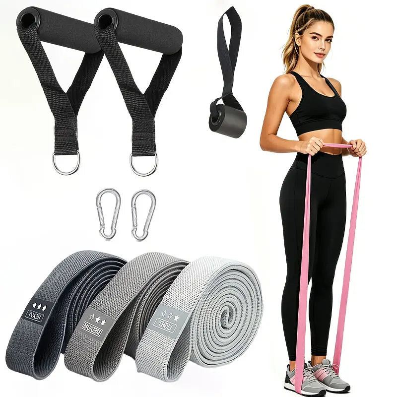 Yoga Rally Belt Fabric Resistance Belt Set with Door Anchor Handle Home Strength Fitness Training Equipment