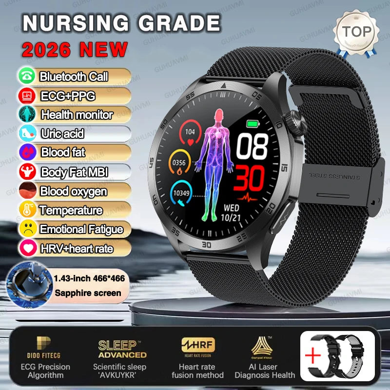 2026 New ECG+PPG Smart Watch Men Treatment Blood Pressure Uric acid Lipids Smartwatch Bluetooth Call Body analysis Health Clock