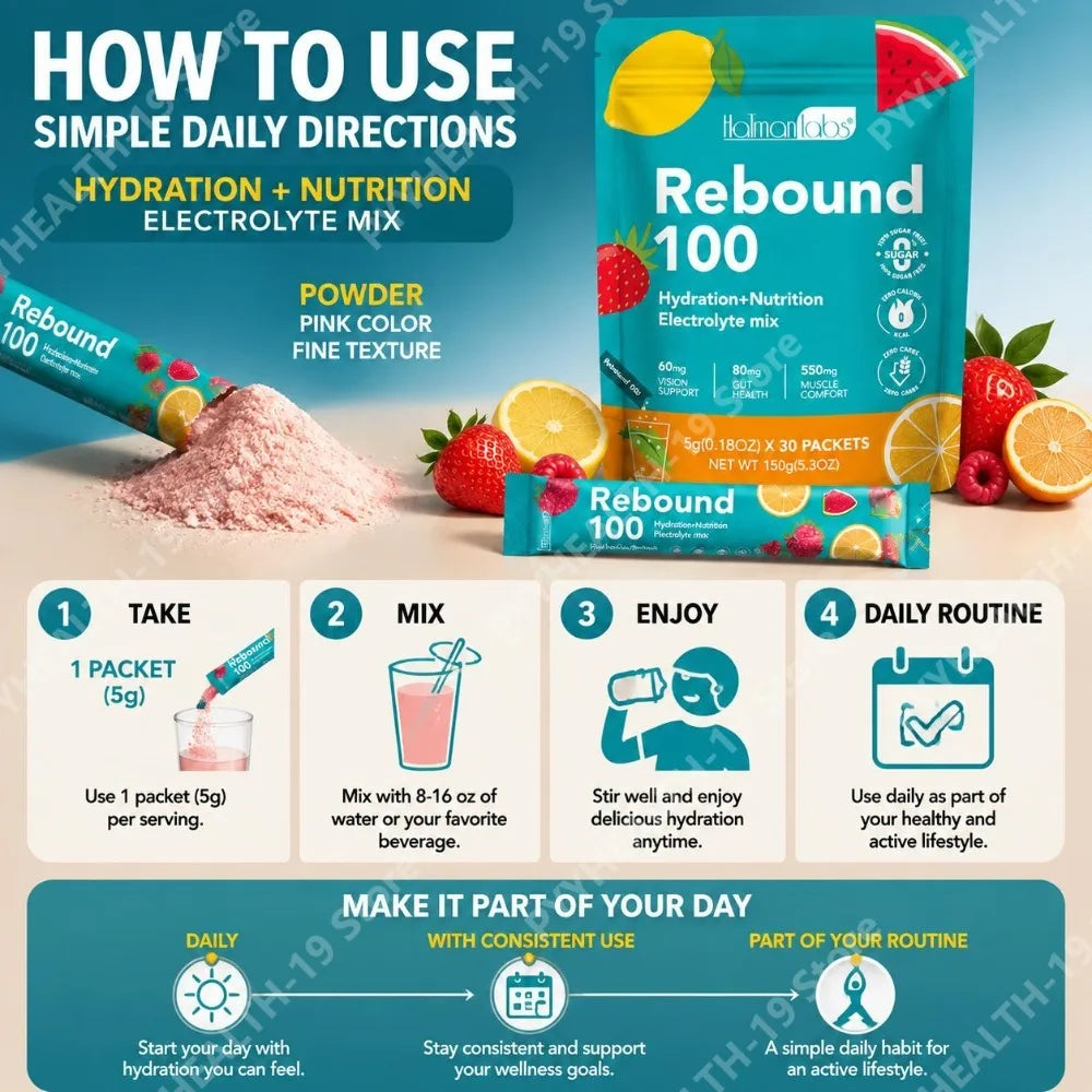HalmanLabs Rebound 100 Electrolyte Mix Powder Packets Vitamins C B6 B12 Lutein For Hydration Gut Vision Muscle Adult 30 Count