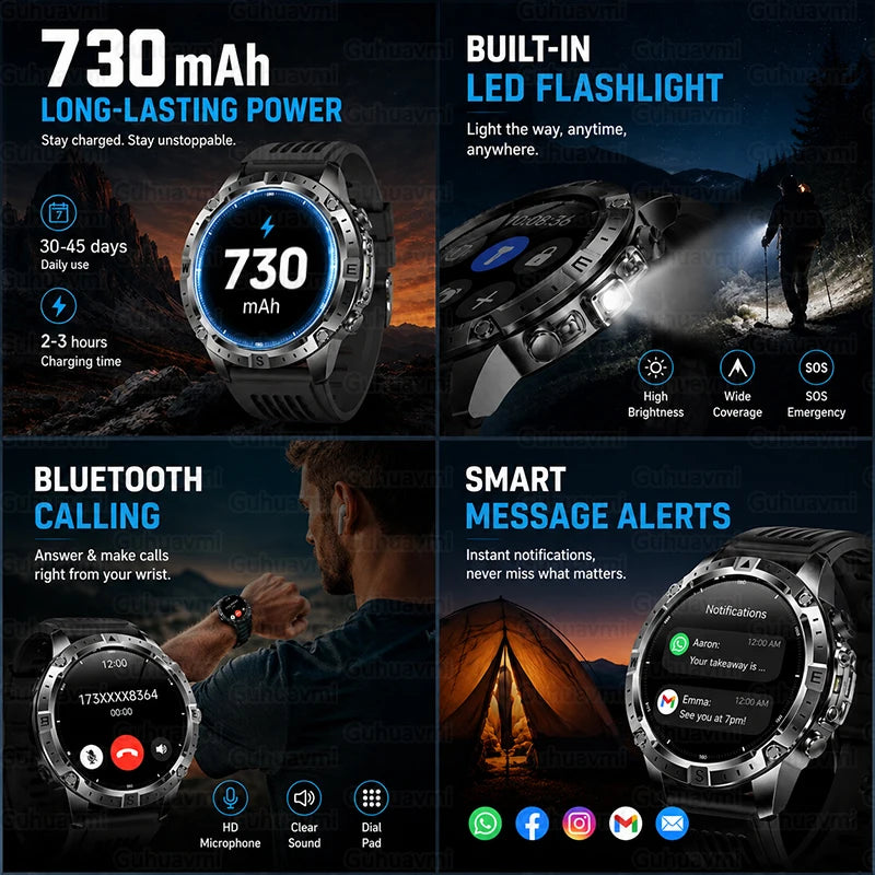 2026 New Rugged Military Smartwatch 2GB Memory GPS Offline Maps Compass 24H Heart Rate 10ATM Waterproof Bluetooth Sports Watches