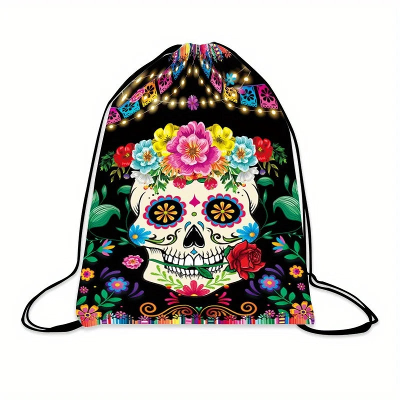 Drawstring Backpack Unique Skull Flower Pattern Lightweight Portable Storage Bag for Halloween Festival Party Travel Daily Use