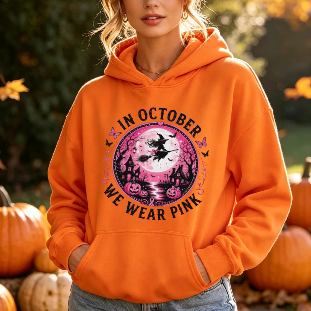 In October We Wear Pink Print Hoodie Halloween Witch Graphic Pullover Pink Ribbon Survivor Support Long Sleeve Blouse Hoodies