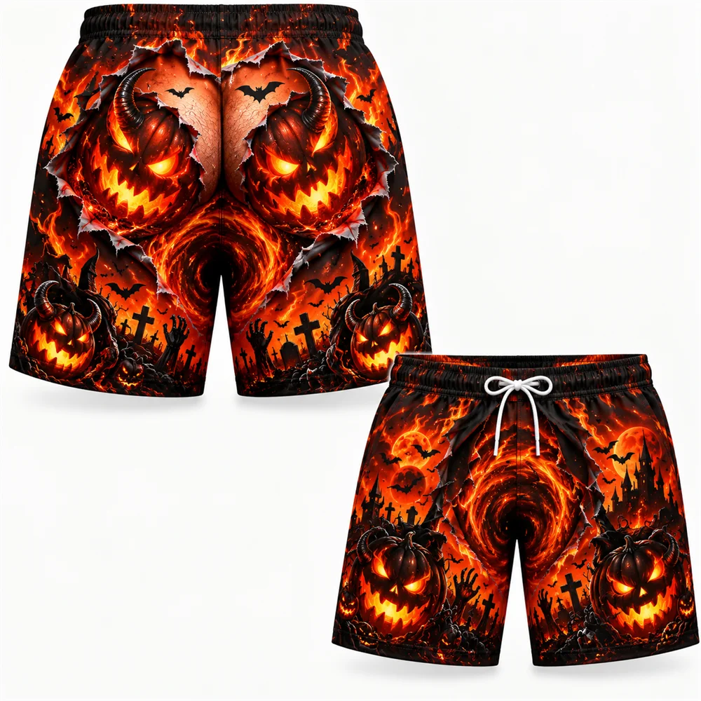 2026 Funny Halloween Fake Buttocks Board Shorts For Men 3D Jack O Lantern Print Loose Shorts Beach Elastic Waist Holiday Wear