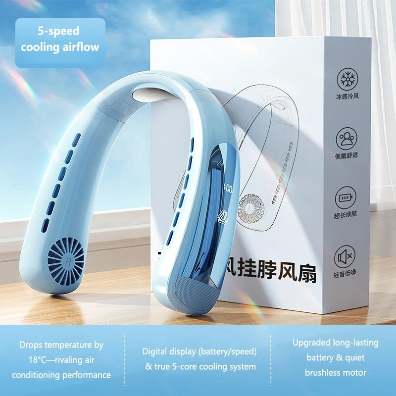 Lenovo USB Rechargeable Bladeless Neck Fan Digital Display Turbo High Speed Portable Hiking Outdoor Wearable Hands-Free