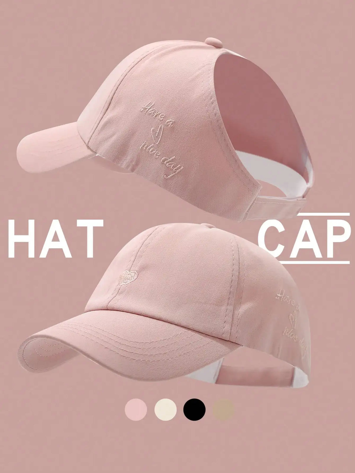Women's Heart Embroidery Ponytail Hole Top Baseball Cap, Versatile Sun Visor Hat For Summer