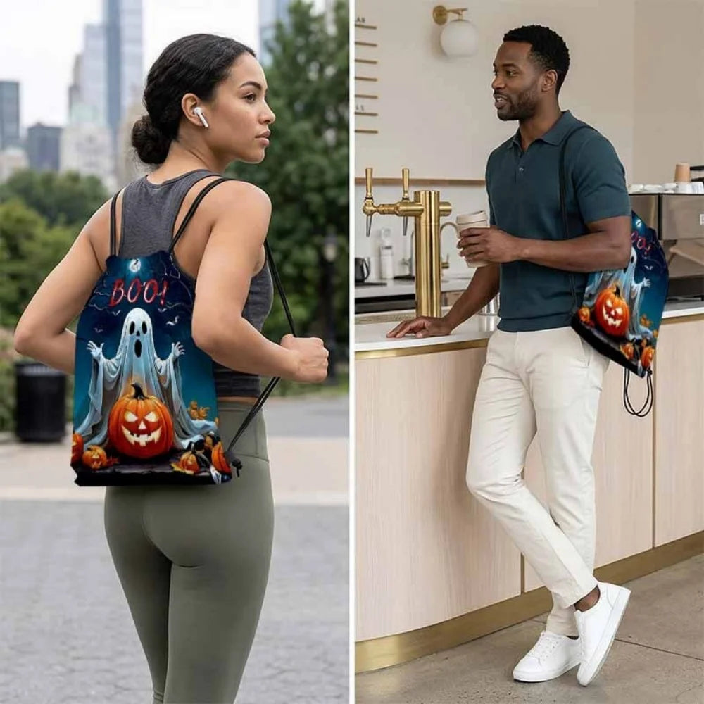 1Pc Custom Text Halloween Pumpkin Drawstring Backpack, Portable Drawstring Bag, Suitable for Gym, Travel, Sports, Holiday Gift