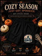 Men's Halloween shorts, skeleton denim and playing cards, desert scene, summoning of the dead theme design, jogging pants