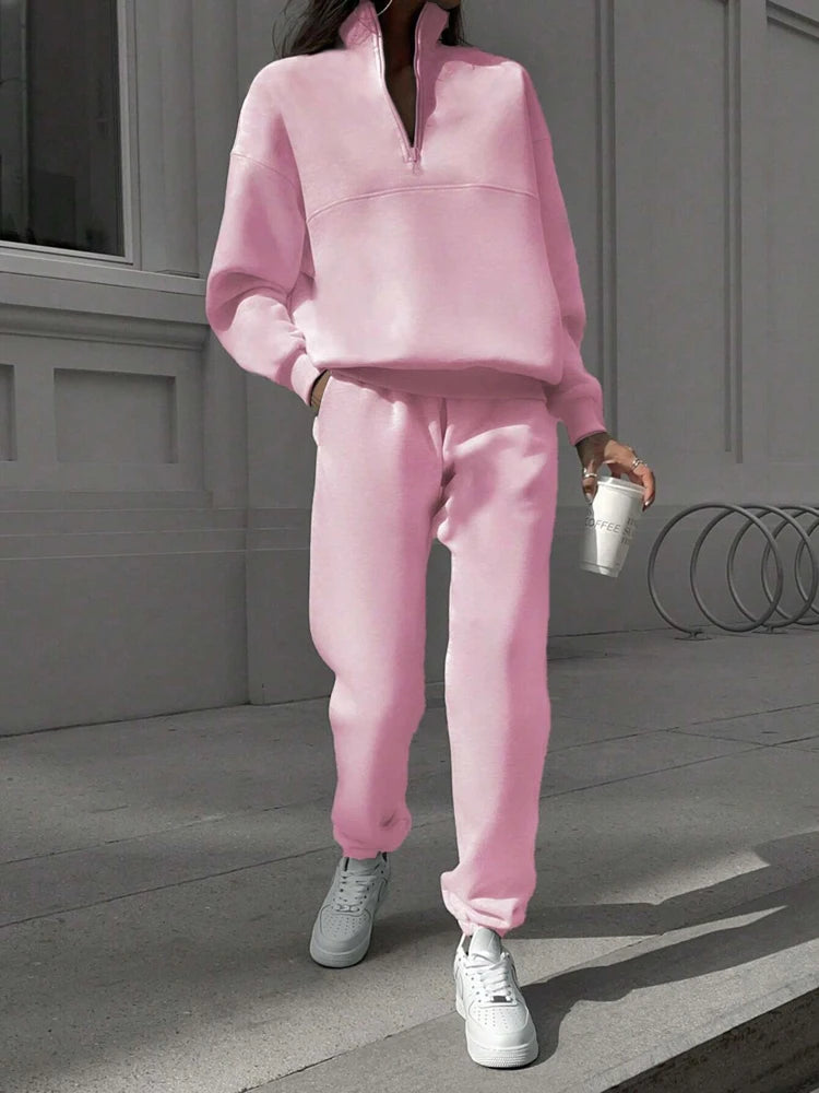 FSMG Casual Half High Neck Tracksuit Solid Long Sleeve Zippers Pullovers+Elastic Waist Pant 2 Piece Set Female Sport Outifits