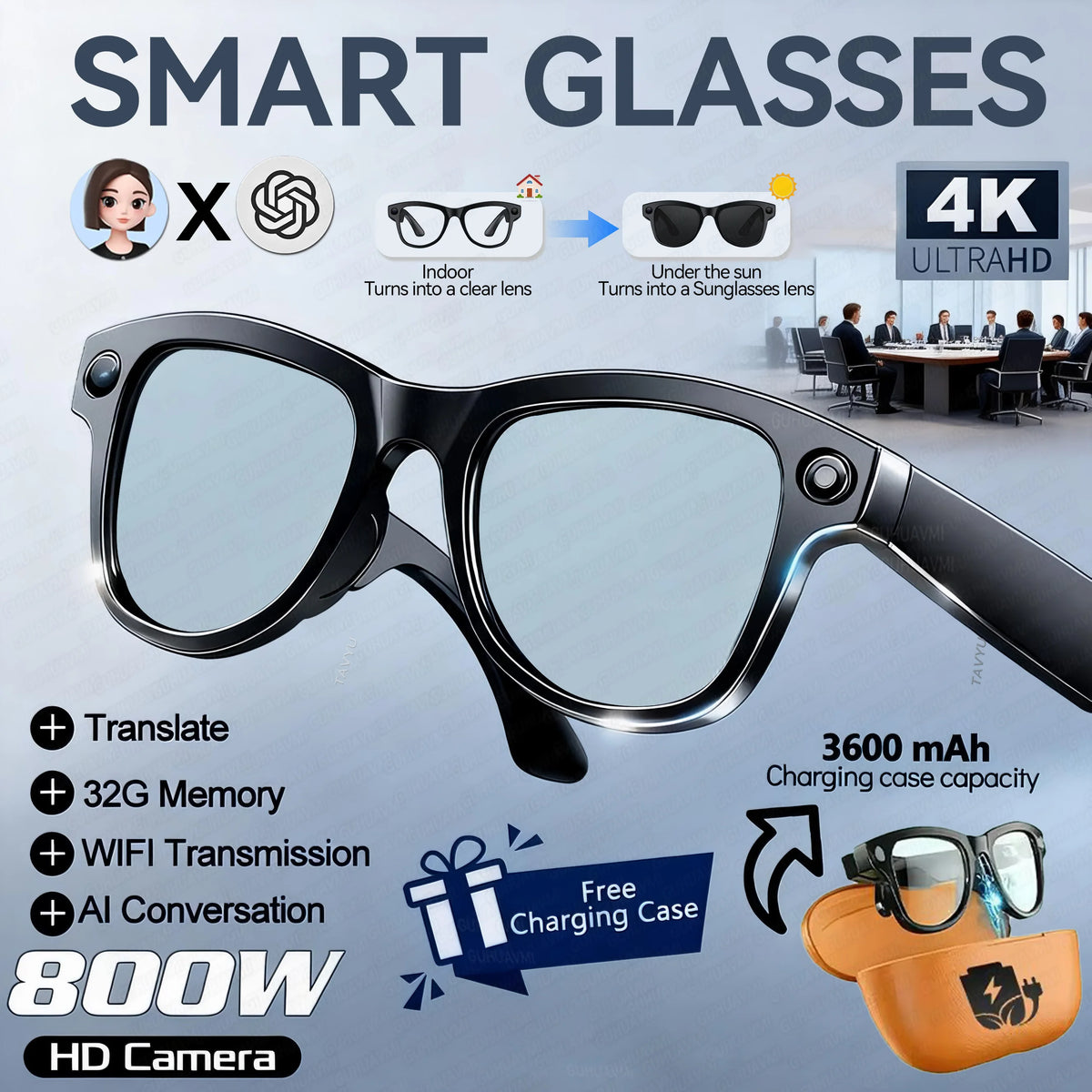 2026 New AI Video Glasses 1080P HD Camera Recorder Bluetooth Audio Voice Control Touch WiFi Sync Smart Glasses for Travel Use HD