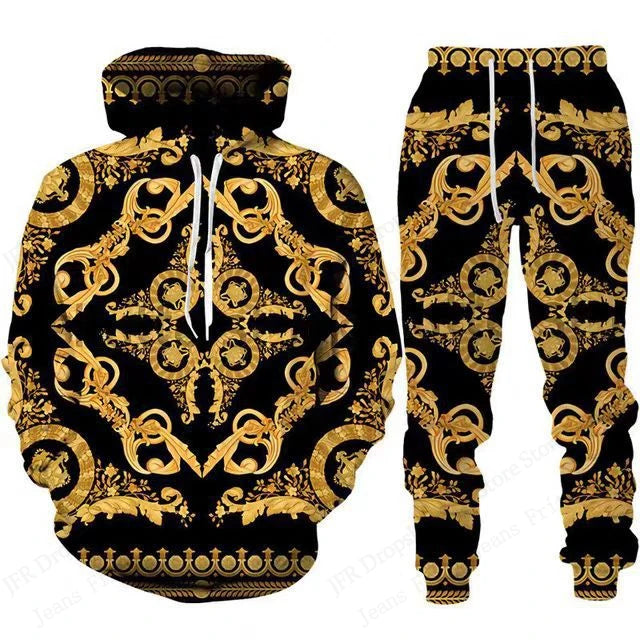 Mens Two Piece Hoodie Pant Sets Golden Pattern 3d Print Sets Men Women Fashion Hoodie+Pant 2 Piece Suit Sports Tracksuit Comfort
