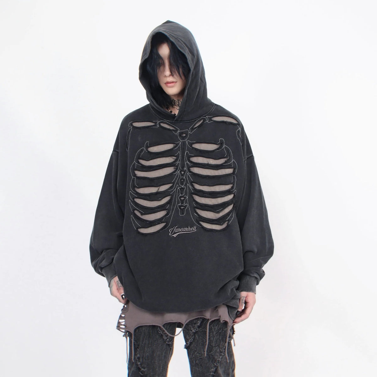 Autumn Winter Ripped Hole Skeleton Design Punk Hip Hop Hoodie Men Women High Street Vintage Oversize Hoodies