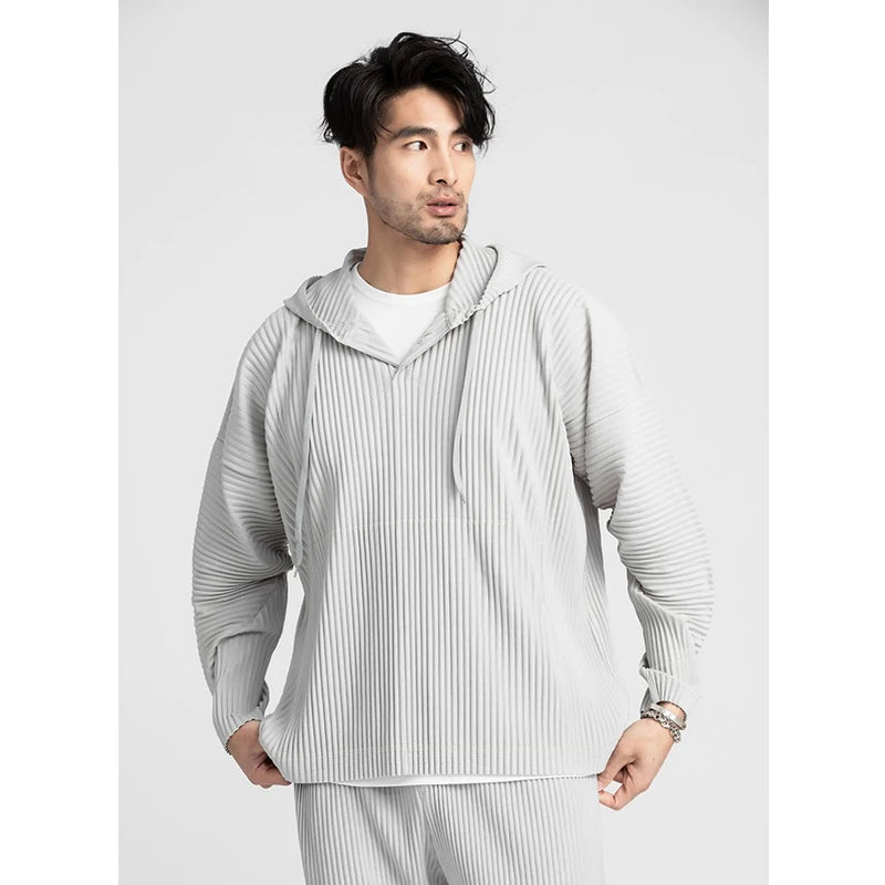 Pleats Pleated Hoodies For Men Black Hoodie 2025 Solid Color Coat Breathable Loose Drawstring Casual Top Man Clothing