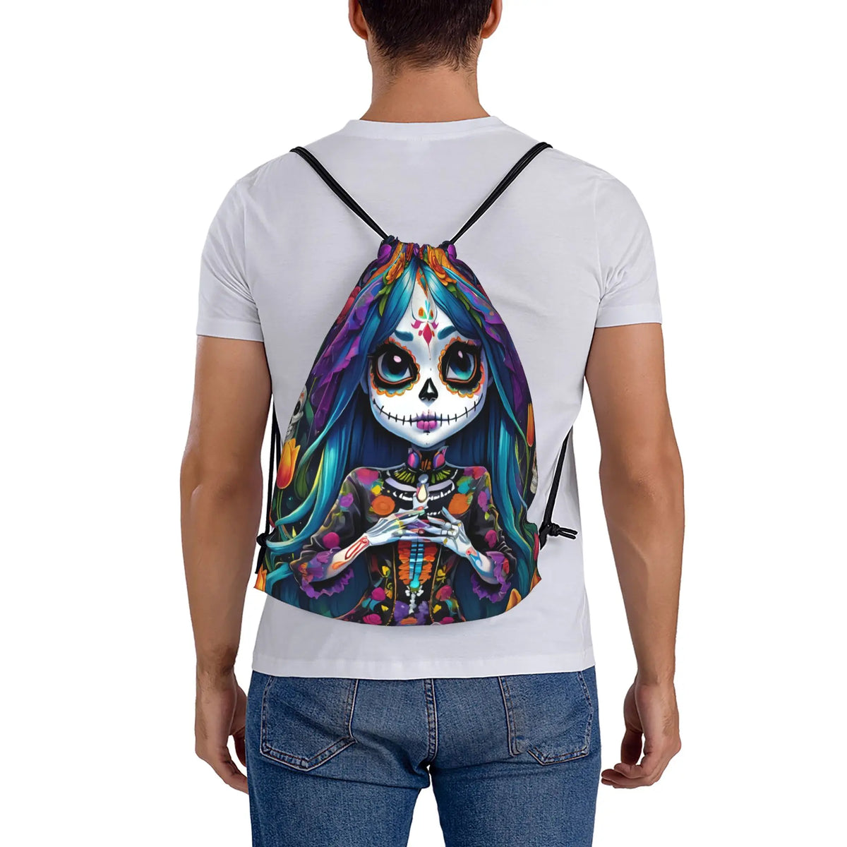 Custom Day of the Dead Gift Skeleton Girl Halloween Drawstring Bag for Shopping Yoga Backpacks Men Women  Sports Gym Sackpack