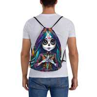 Custom Day of the Dead Gift Skeleton Girl Halloween Drawstring Bag for Shopping Yoga Backpacks Men Women  Sports Gym Sackpack