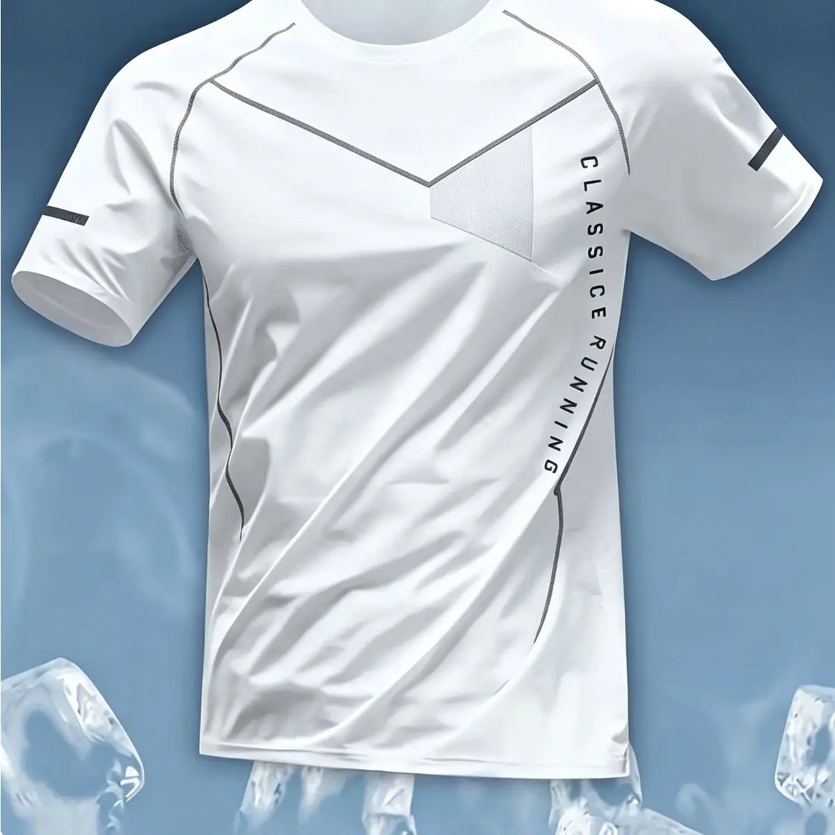 Men Sports Tee High Elastic Quick Dry Breathable Light Blue Geometric Letter Print Running Fitness Training Top