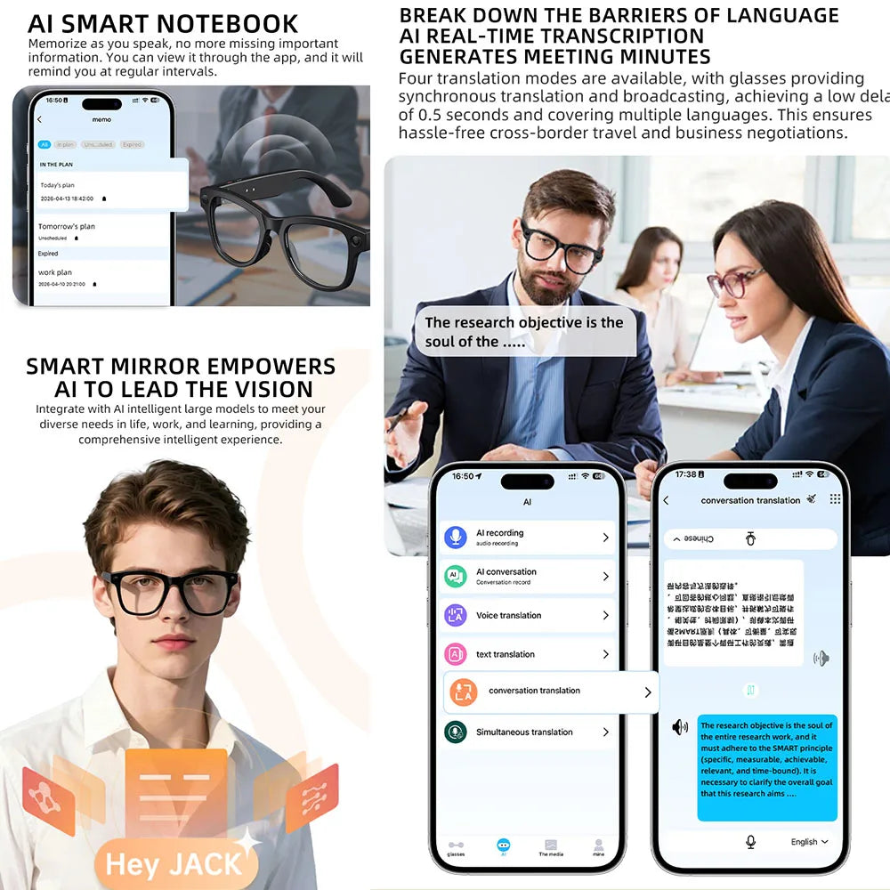 NEW 4K HD Smart Glasses 800W HD Camera AI Large Model IP54 Waterproof AI Dialogue Translation Music Smart Glasses Men Women